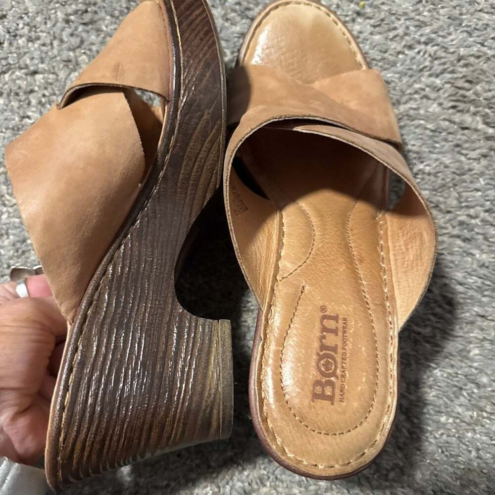 Born Women's Brown Leather Criss Cross Wedge Heel Slide Sandals 8